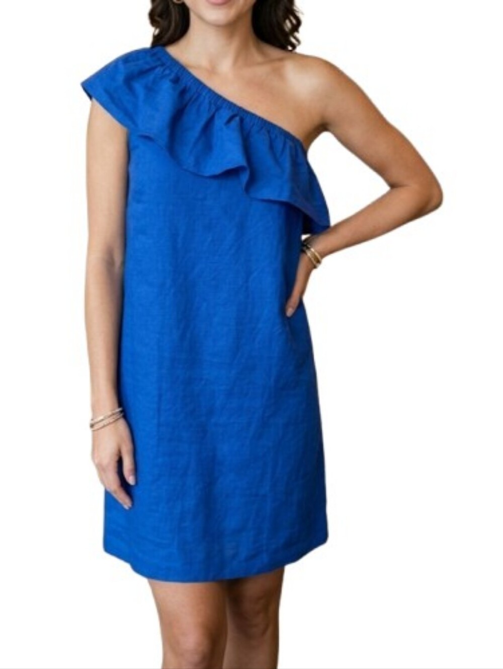J. Crew Blue One-Shoulder Dress NWT Ruffle J0955 Linen Cotton Solid Cocktail